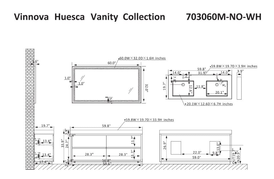 Vinnova, Huesca 60M" Double Sink Bath Vanity in North American Oak with White Composite Integral Square Sink Top and Mirror