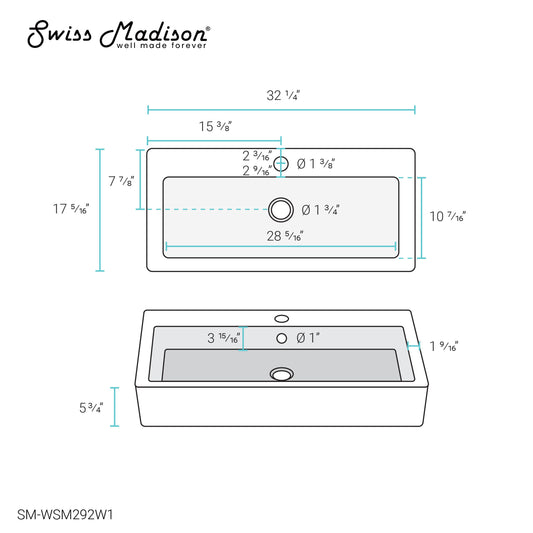Swiss Madison, Voltaire Wide Rectangle Wall Hung Sink in White Marble