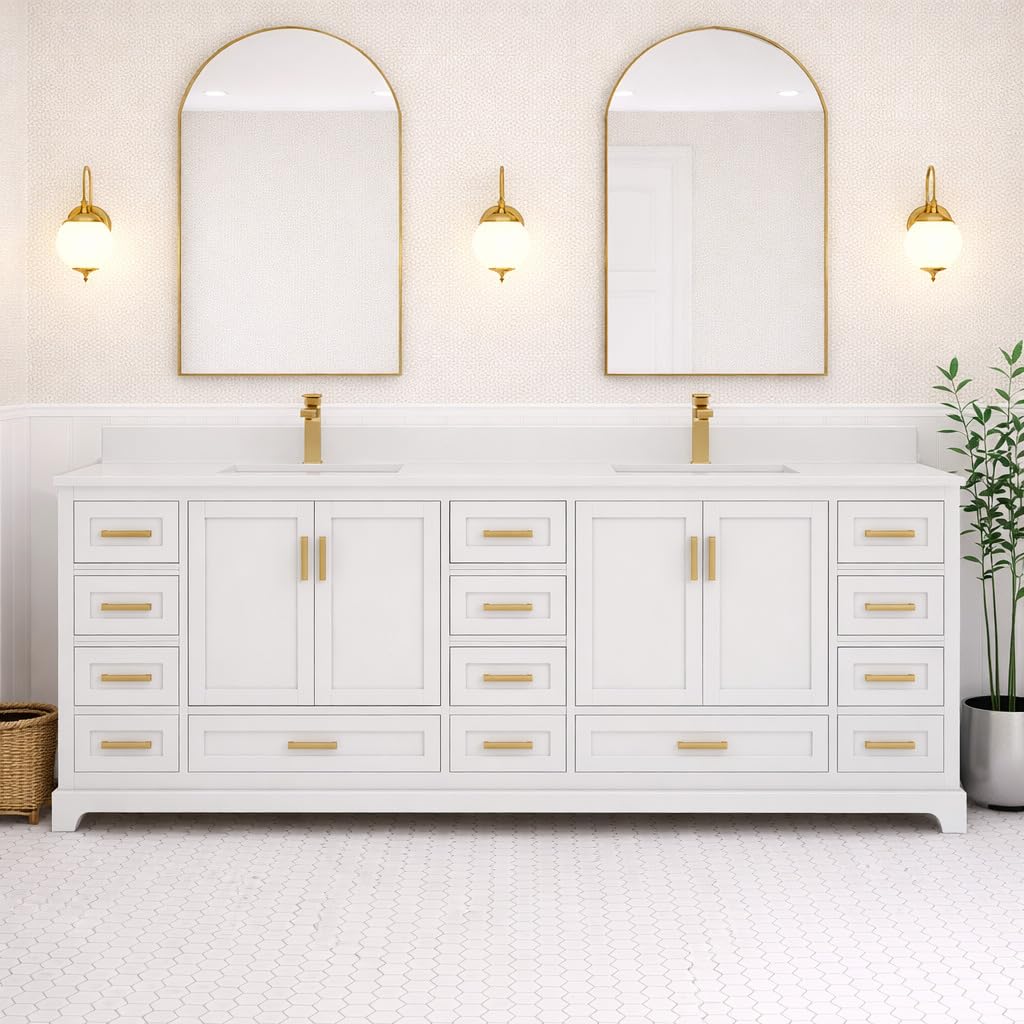 Ayna Decors Maya 84 Inch White Bath Vanity with Pure White Quartz Countertop
