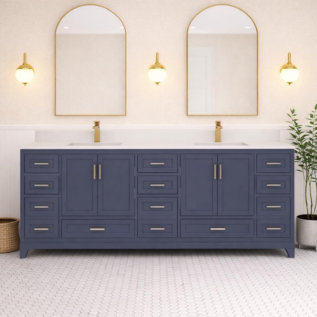 Ayna Decors Maya 84 Inch Navy Blue Bath Vanity with Pure White Quartz Countertop