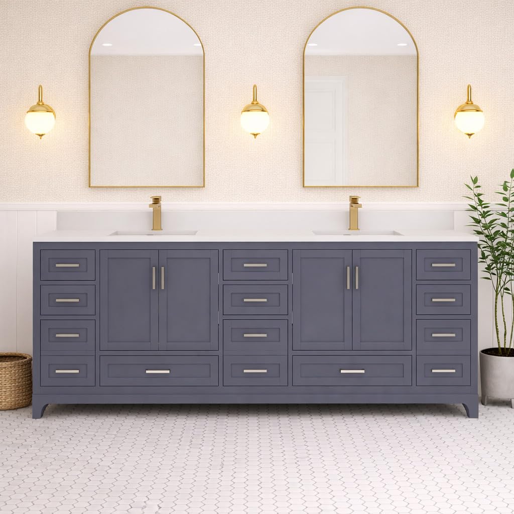 Ayna Decors Maya 84 Inch Charcoal Grey Bath Vanity with Pure White Quartz Countertop