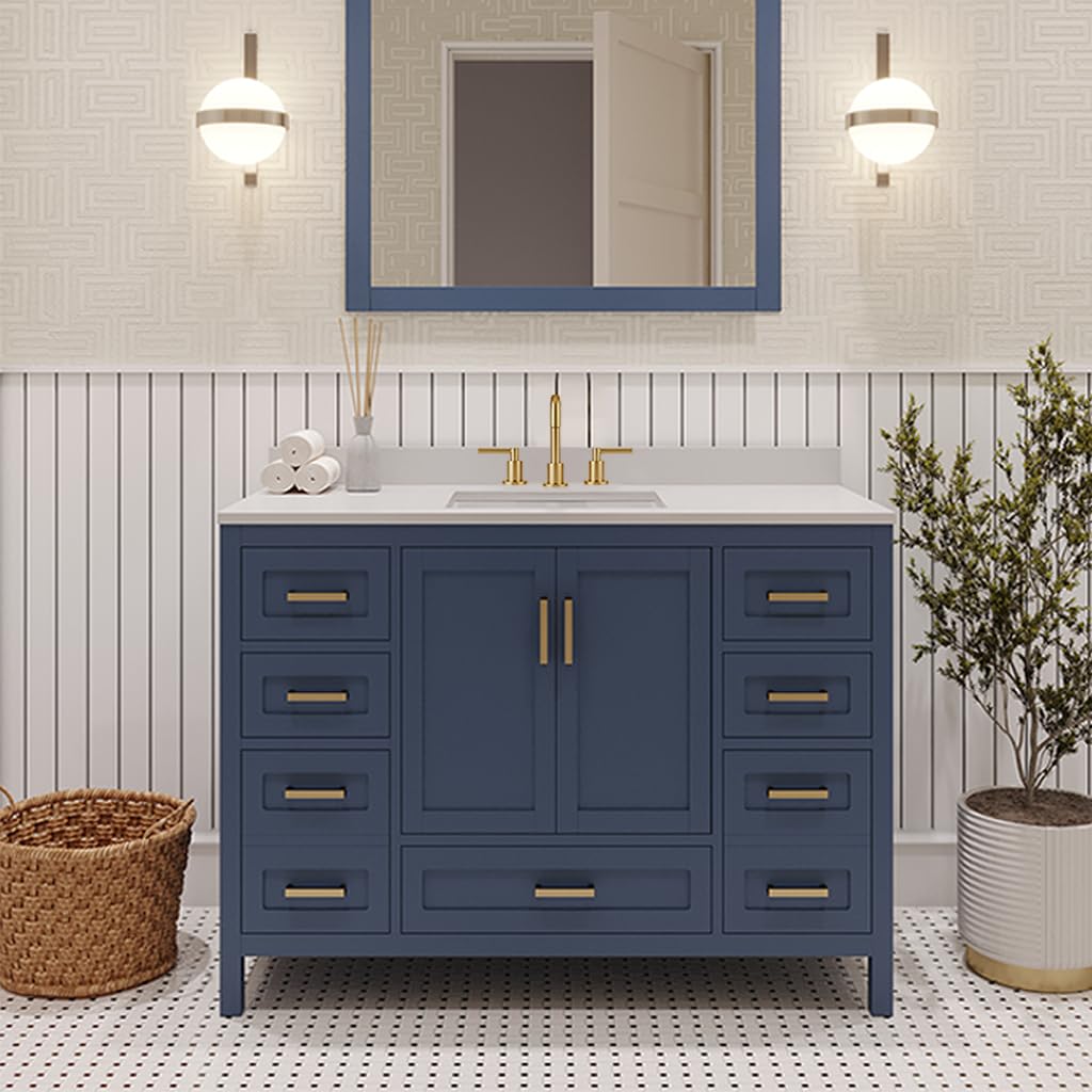 Ayna Decors Rooh 42 Inch Navy Blue Bath Vanity with Pure White Quartz Countertop