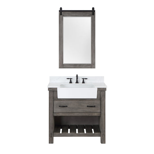 Vinnova, Villareal 36" Single Bath Vanity in Classical Grey with Composite Stone Top in White, White Farmhouse Basin and Mirror