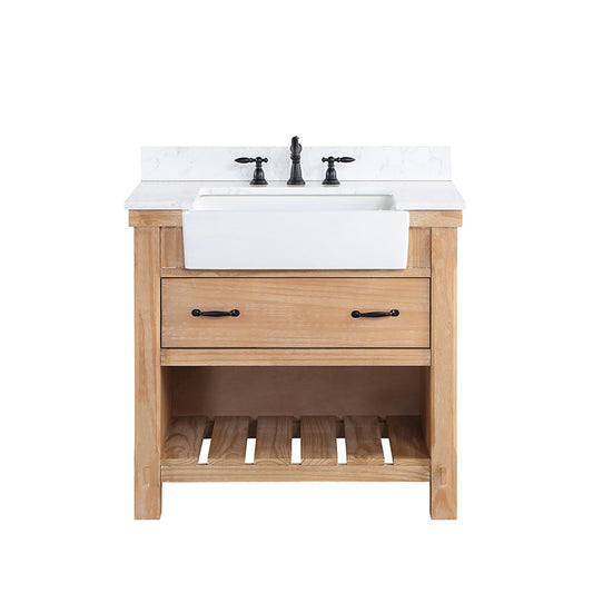 Vinnova, Villareal 36" Single Bath Vanity in Weathered Pine with Composite Stone Top in White, White Farmhouse Basin