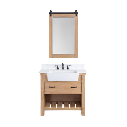 Vinnova, Villareal 36" Single Bath Vanity in Weathered Pine with Composite Stone Top in White, White Farmhouse Basin and Mirror