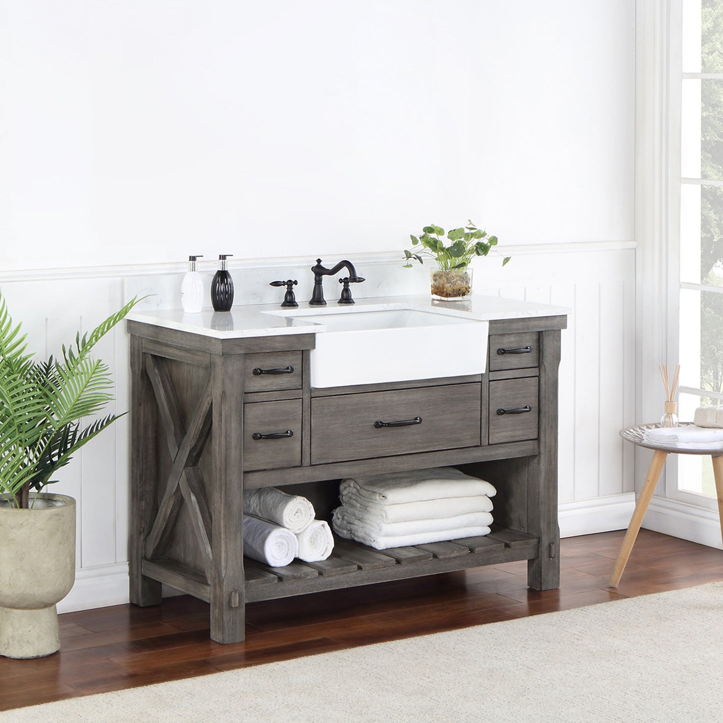 Vinnova, Villareal 48" Single Bath Vanity in Classical Grey with Composite Stone Top in White, White Farmhouse Basin