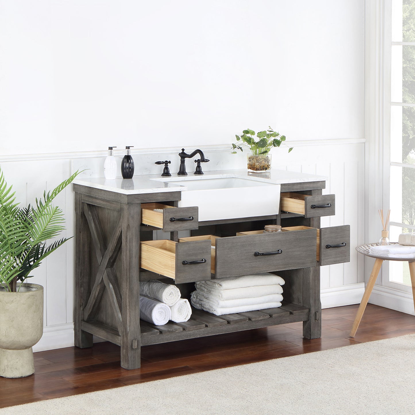 Vinnova, Villareal 48" Single Bath Vanity in Classical Grey with Composite Stone Top in White, White Farmhouse Basin