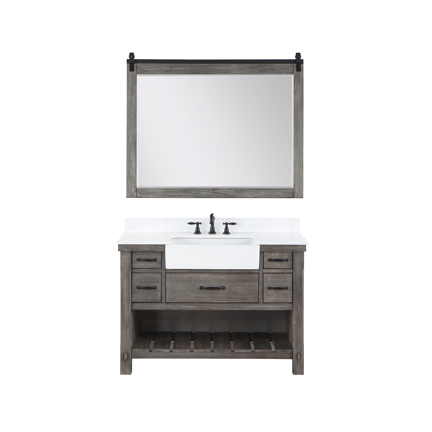 Vinnova, Villareal 48" Single Bath Vanity in Classical Grey with Composite Stone Top in White, White Farmhouse Basin and Mirror