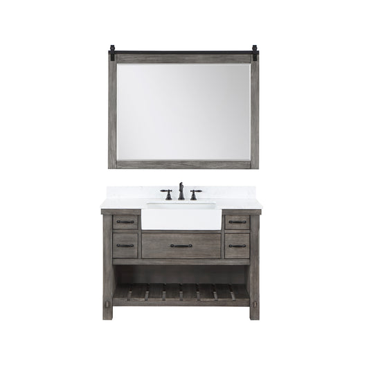 Vinnova, Villareal 48" Single Bath Vanity in Classical Grey with Composite Stone Top in White, White Farmhouse Basin and Mirror