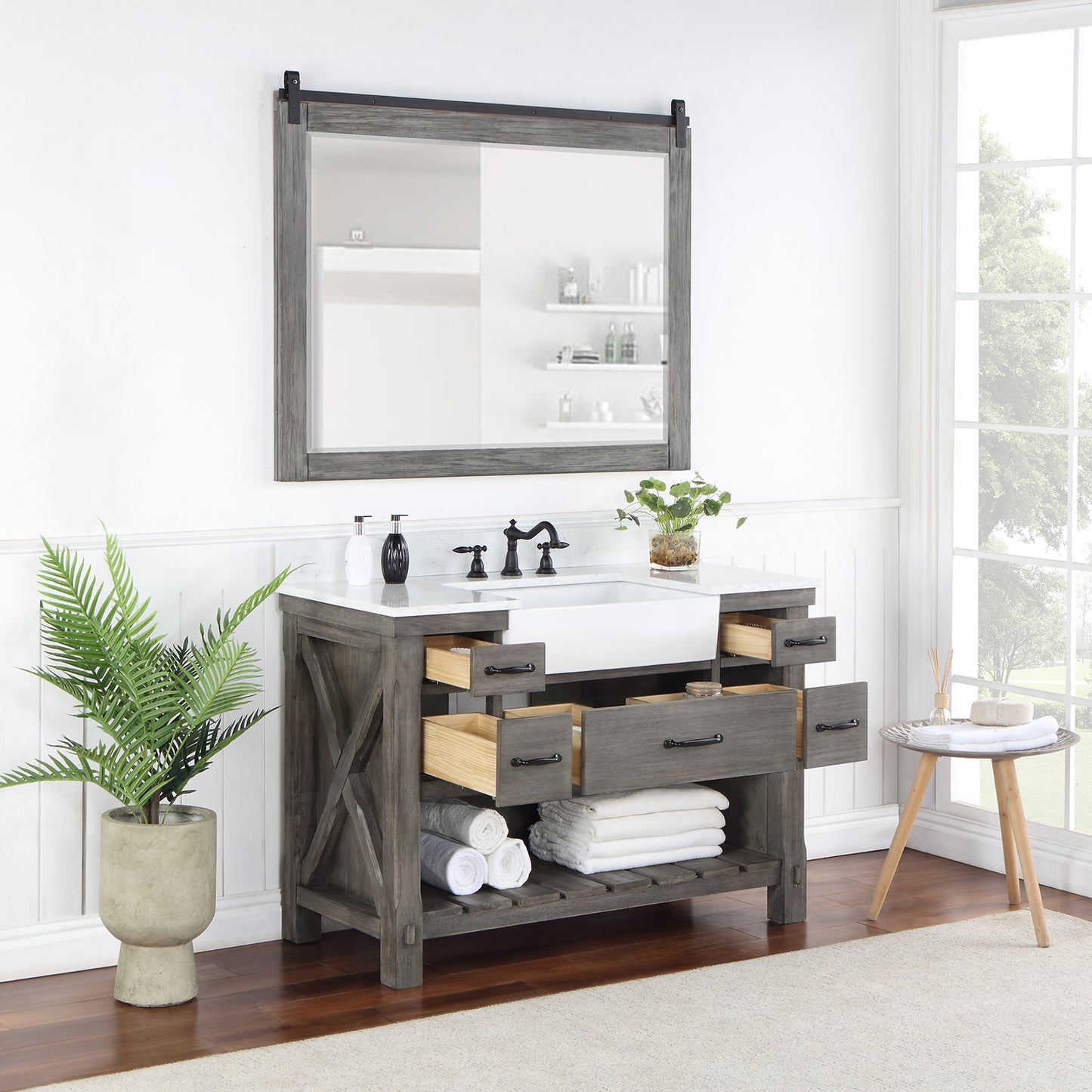 Vinnova, Villareal 48" Single Bath Vanity in Classical Grey with Composite Stone Top in White, White Farmhouse Basin and Mirror