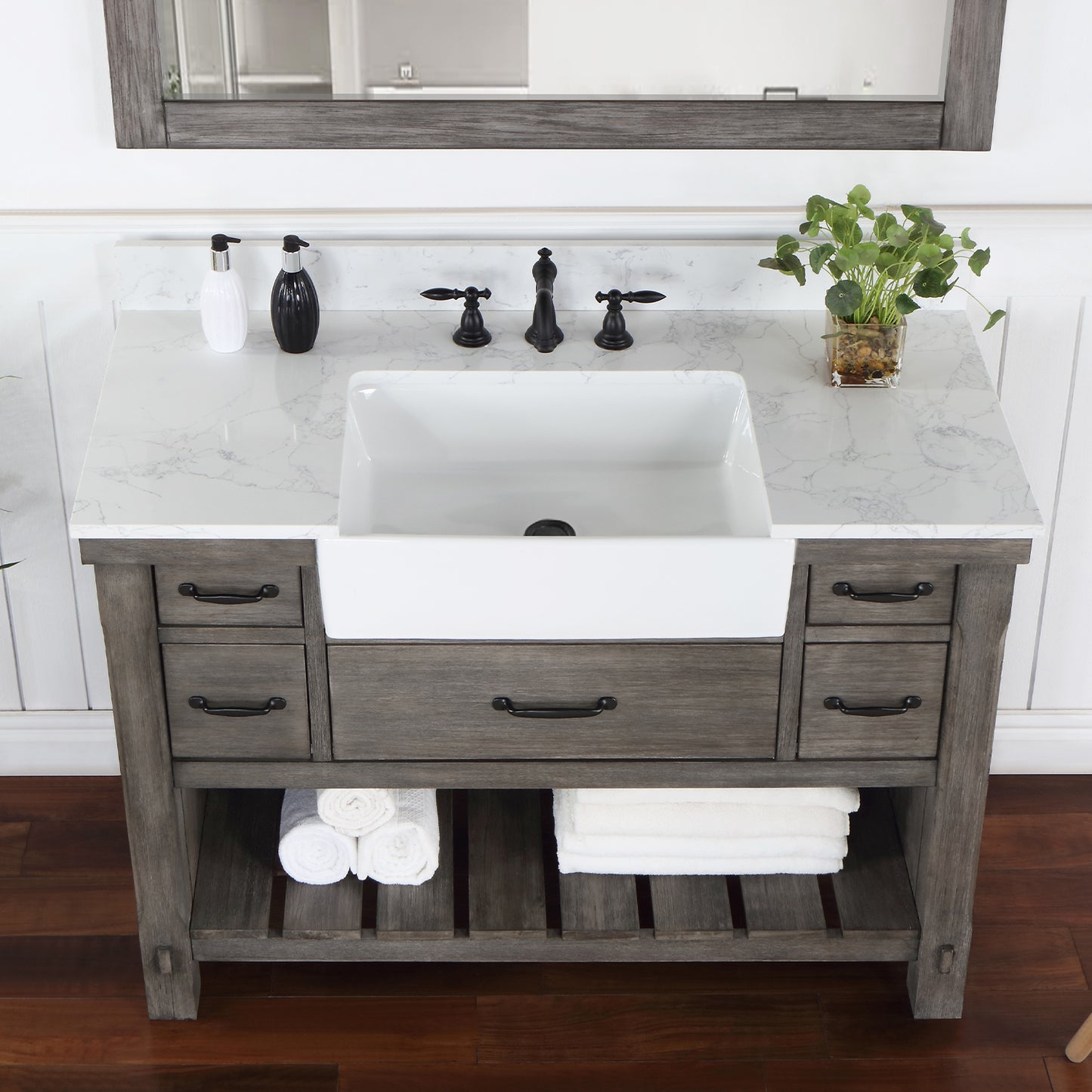 Vinnova, Villareal 48" Single Bath Vanity in Classical Grey with Composite Stone Top in White, White Farmhouse Basin and Mirror