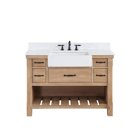 Vinnova, Villareal 48" Single Bath Vanity in Weathered Pine with Composite Stone Top in White, White Farmhouse Basin