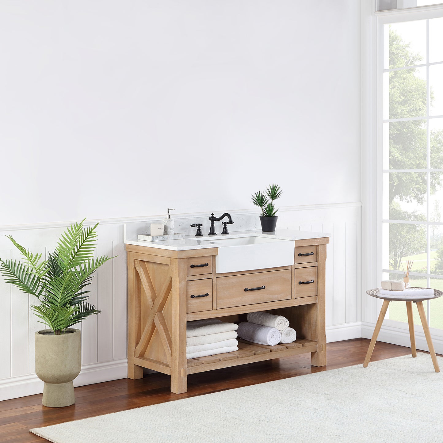 Vinnova, Villareal 48" Single Bath Vanity in Weathered Pine with Composite Stone Top in White, White Farmhouse Basin