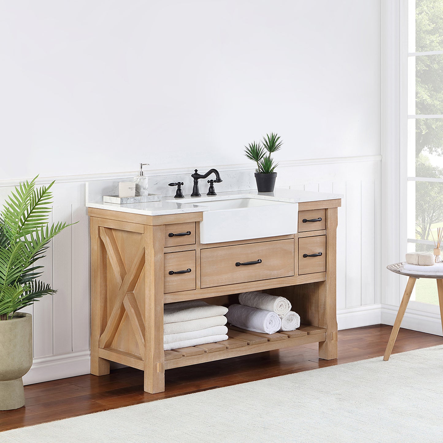 Vinnova, Villareal 48" Single Bath Vanity in Weathered Pine with Composite Stone Top in White, White Farmhouse Basin