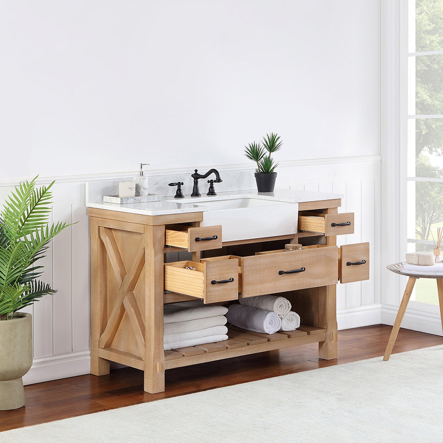 Vinnova, Villareal 48" Single Bath Vanity in Weathered Pine with Composite Stone Top in White, White Farmhouse Basin