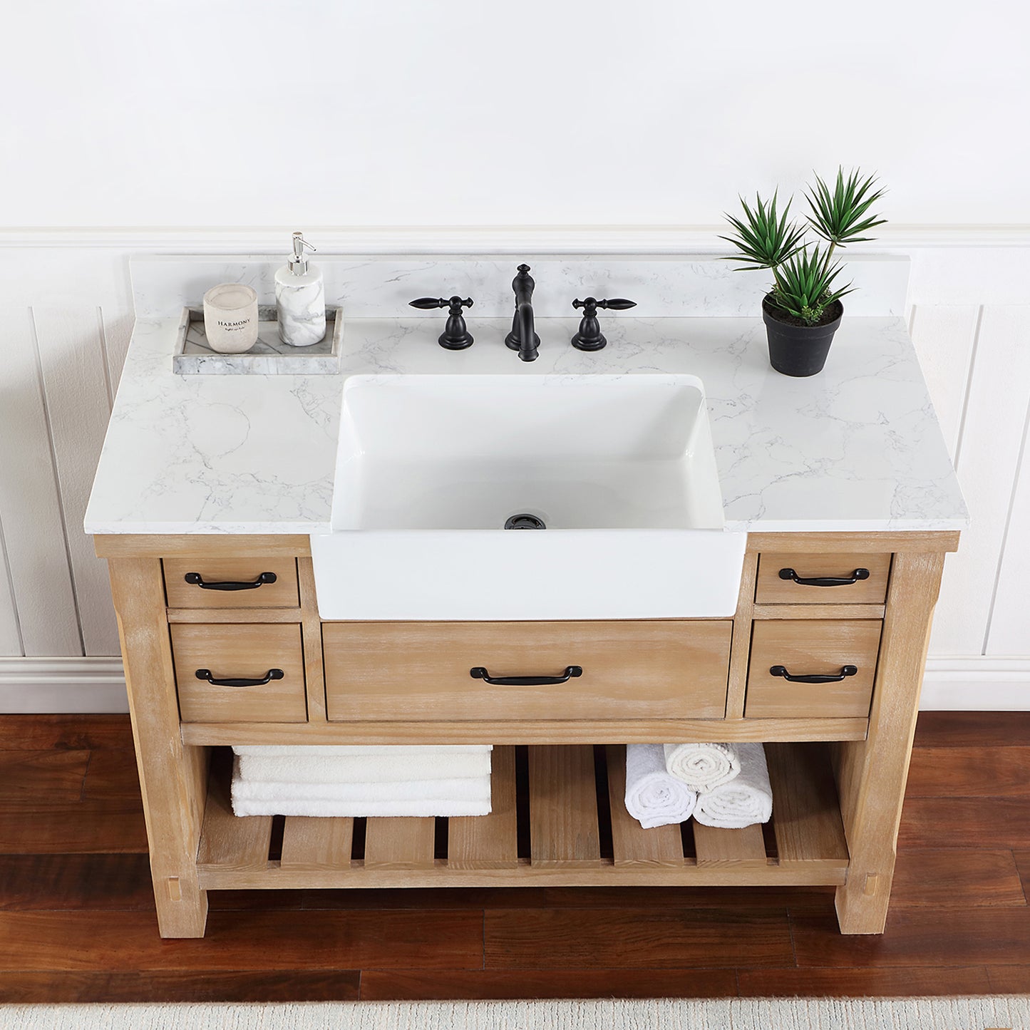 Vinnova, Villareal 48" Single Bath Vanity in Weathered Pine with Composite Stone Top in White, White Farmhouse Basin