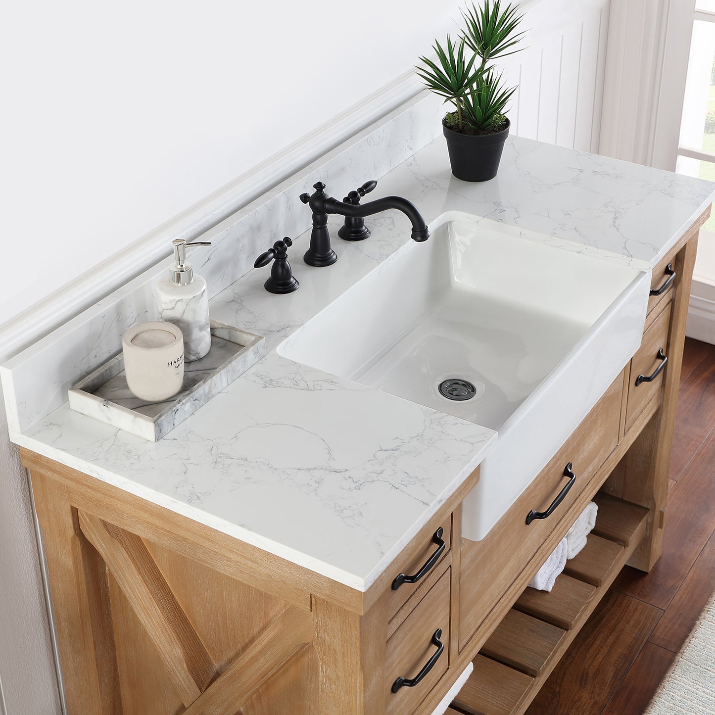 Vinnova, Villareal 48" Single Bath Vanity in Weathered Pine with Composite Stone Top in White, White Farmhouse Basin