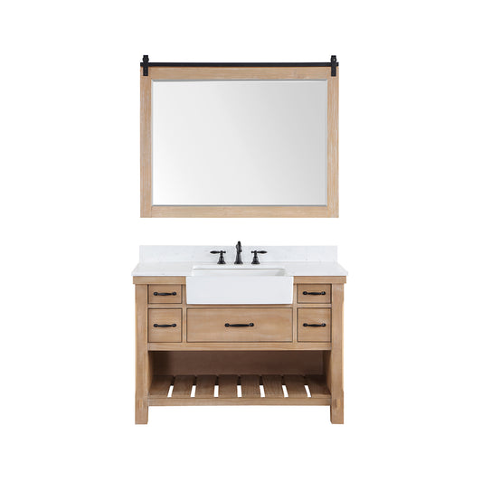 Vinnova, Villareal 48" Single Bath Vanity in Weathered Pine with Composite Stone Top in White, White Farmhouse Basin and Mirror