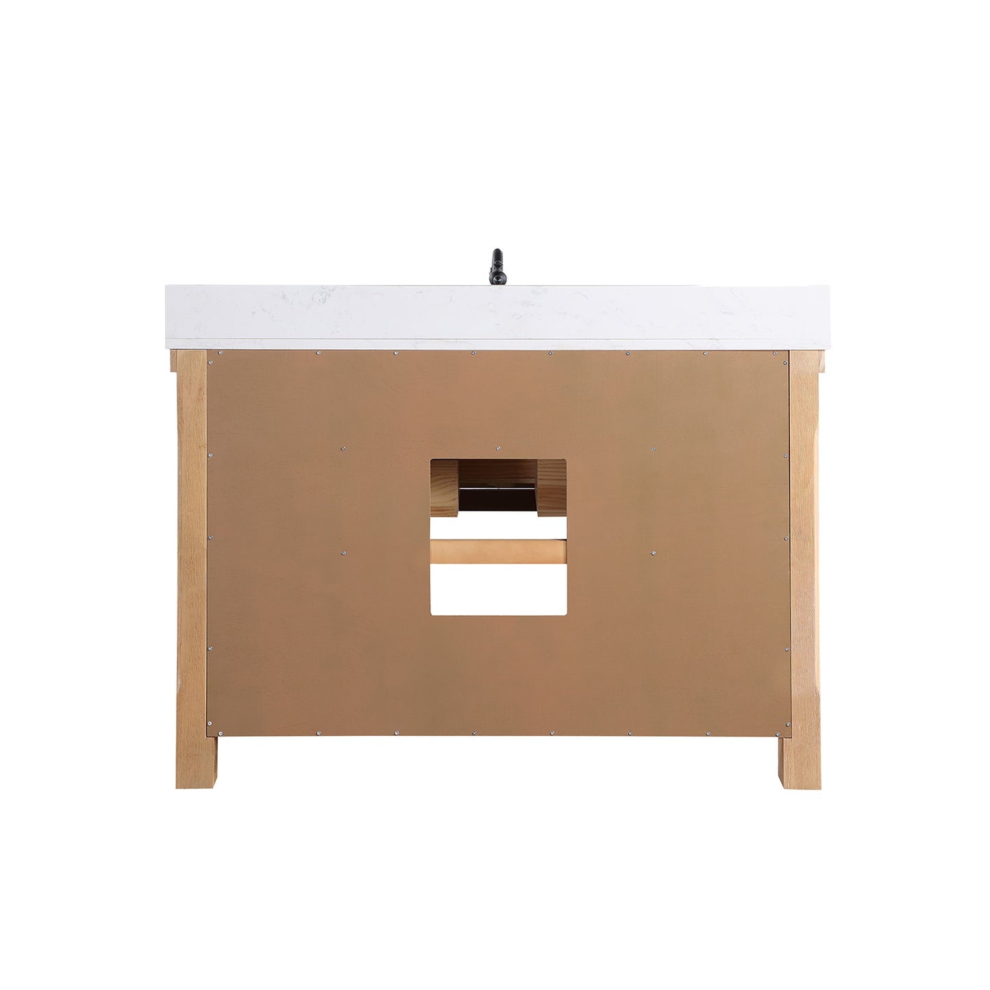 Vinnova, Villareal 48" Single Bath Vanity in Weathered Pine with Composite Stone Top in White, White Farmhouse Basin and Mirror