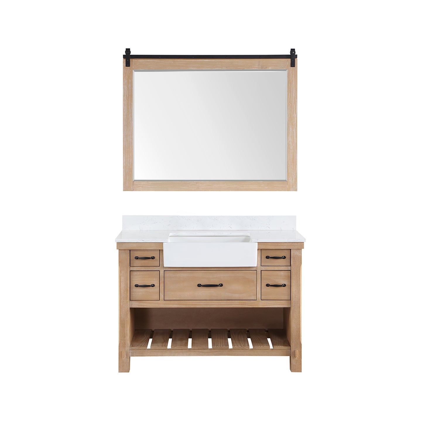 Vinnova, Villareal 48" Single Bath Vanity in Weathered Pine with Composite Stone Top in White, White Farmhouse Basin and Mirror