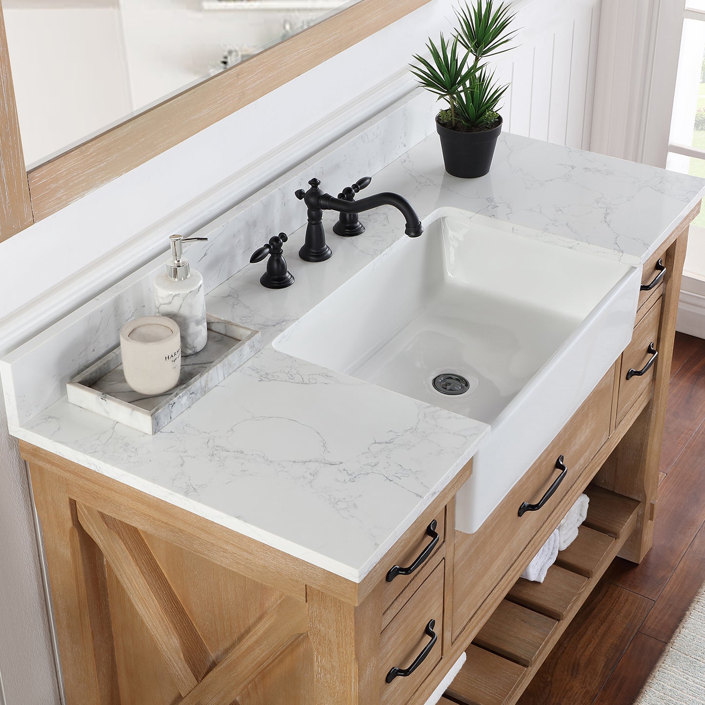 Vinnova, Villareal 48" Single Bath Vanity in Weathered Pine with Composite Stone Top in White, White Farmhouse Basin and Mirror