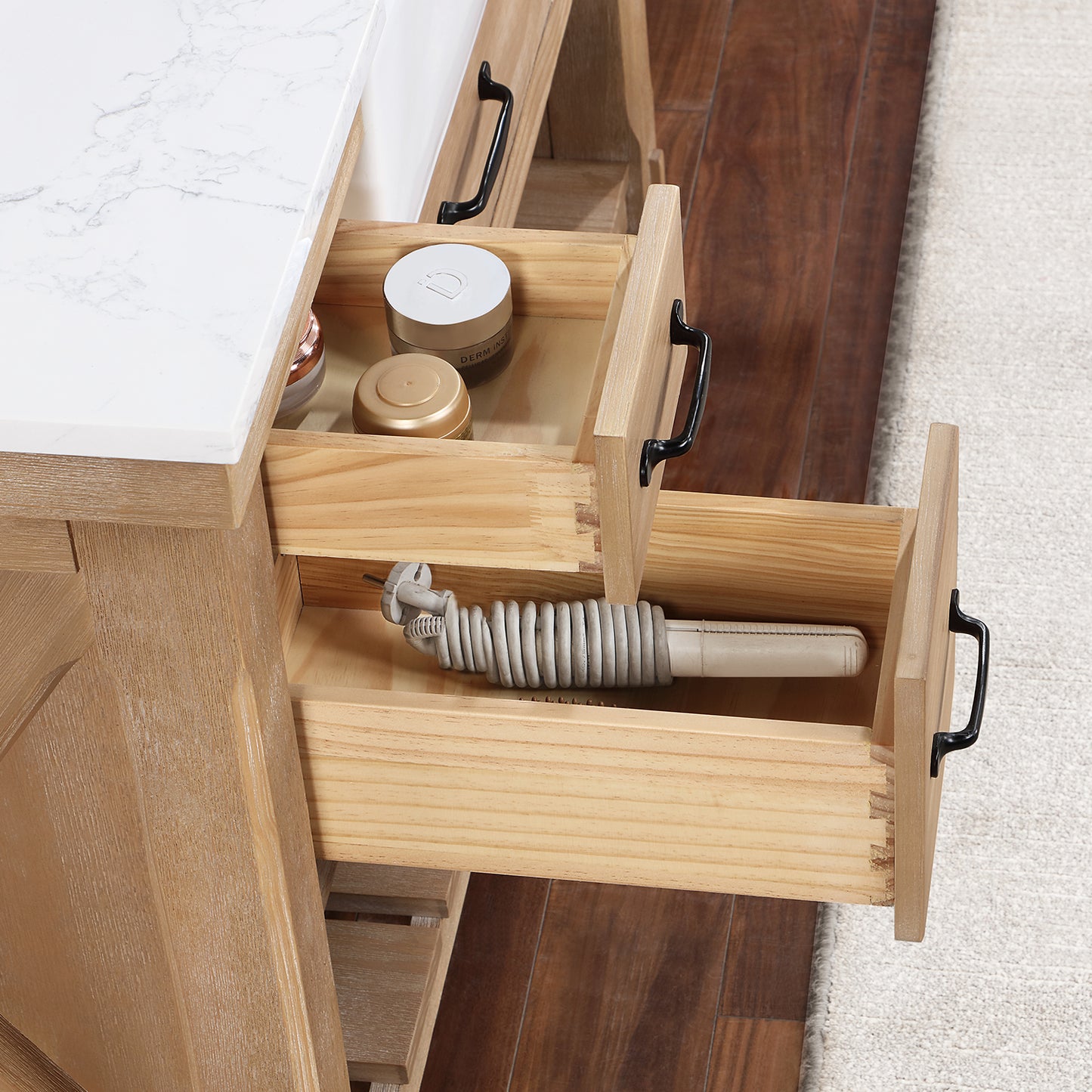 Vinnova, Villareal 48" Single Bath Vanity in Weathered Pine with Composite Stone Top in White, White Farmhouse Basin and Mirror