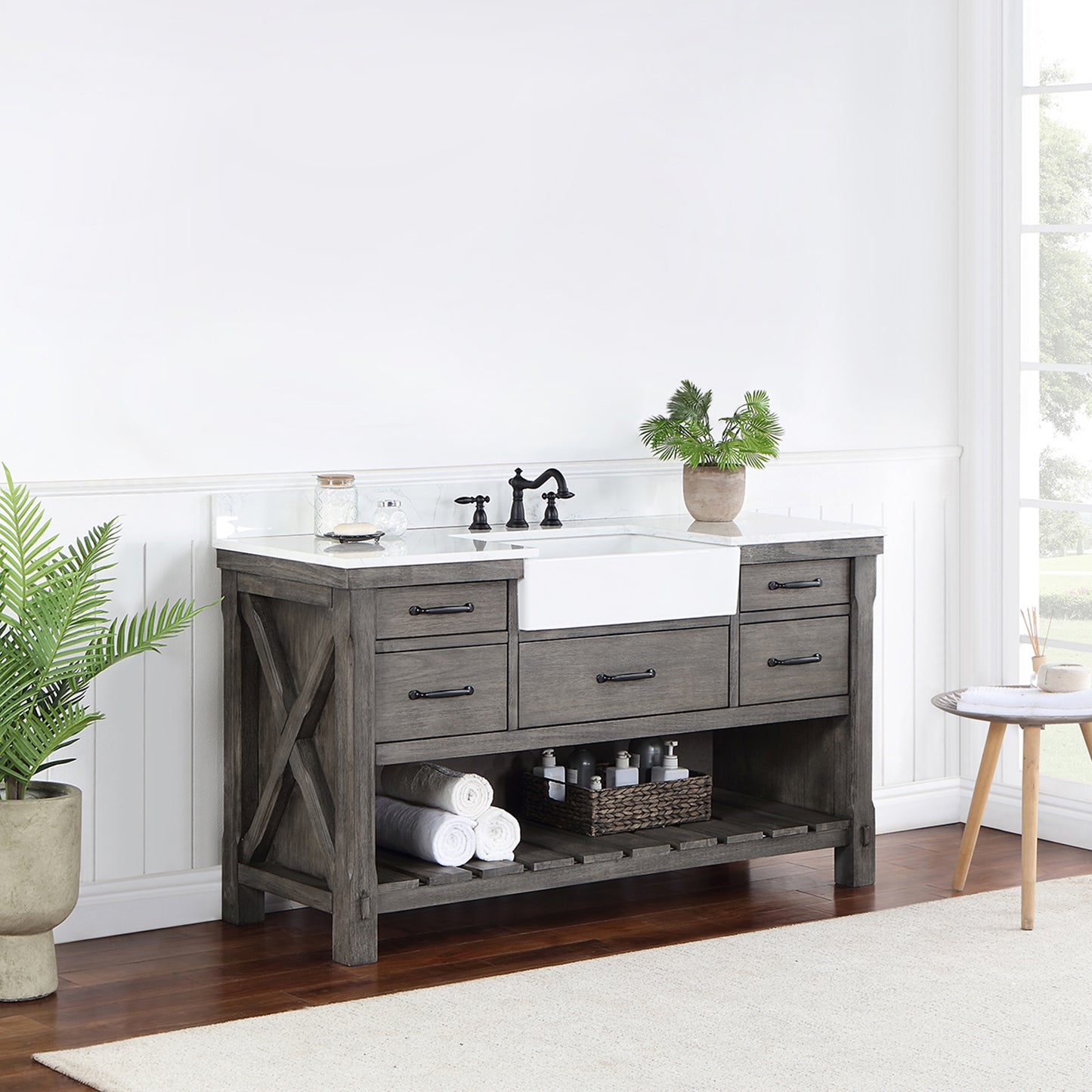 Vinnova, Villareal 60" Single Bath Vanity in Classical Grey with Composite Stone Top in White, White Farmhouse Basin