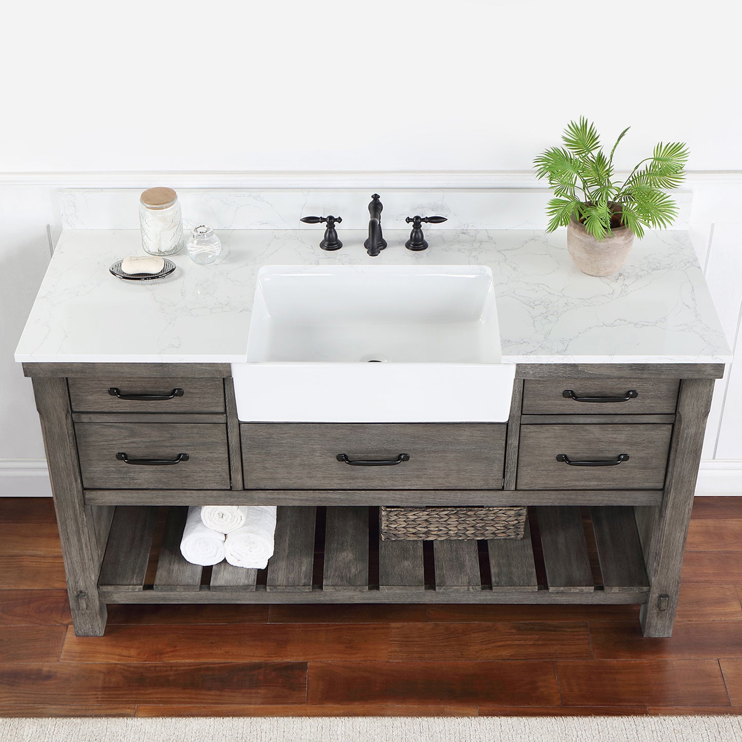 Vinnova, Villareal 60" Single Bath Vanity in Classical Grey with Composite Stone Top in White, White Farmhouse Basin
