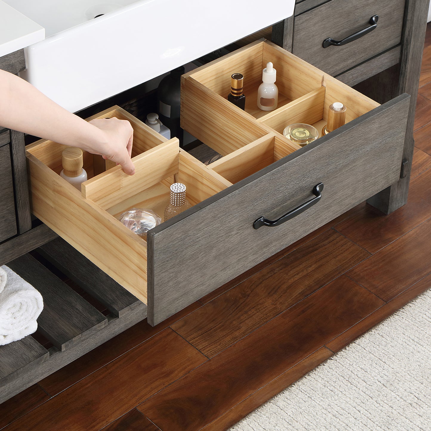 Vinnova, Villareal 60" Single Bath Vanity in Classical Grey with Composite Stone Top in White, White Farmhouse Basin