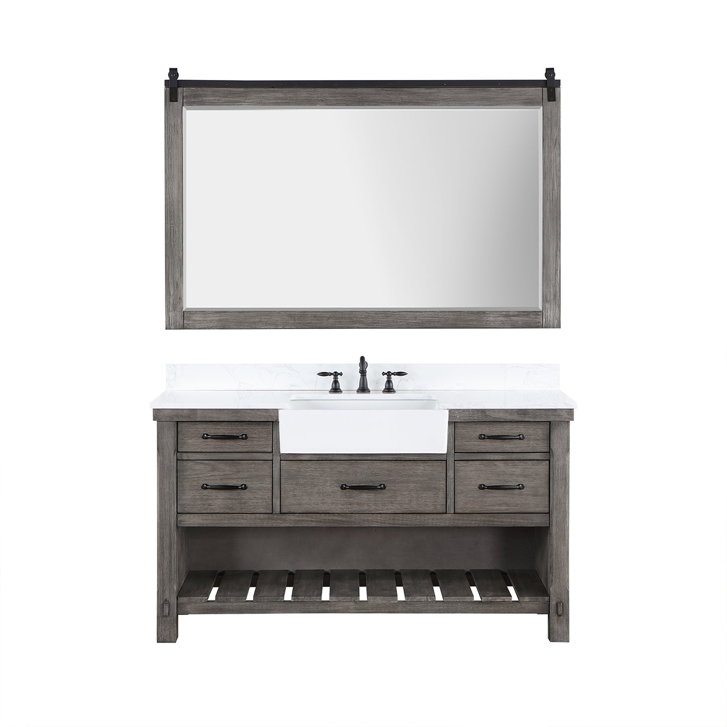 Vinnova, Villareal 60" Single Bath Vanity in Classical Grey with Composite Stone Top in White, White Farmhouse Basin and Mirror