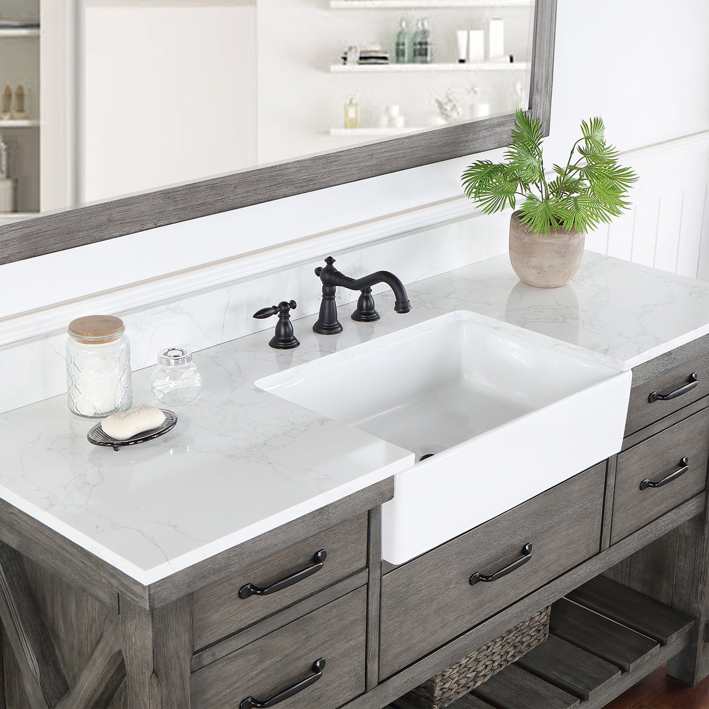 Vinnova, Villareal 60" Single Bath Vanity in Classical Grey with Composite Stone Top in White, White Farmhouse Basin and Mirror