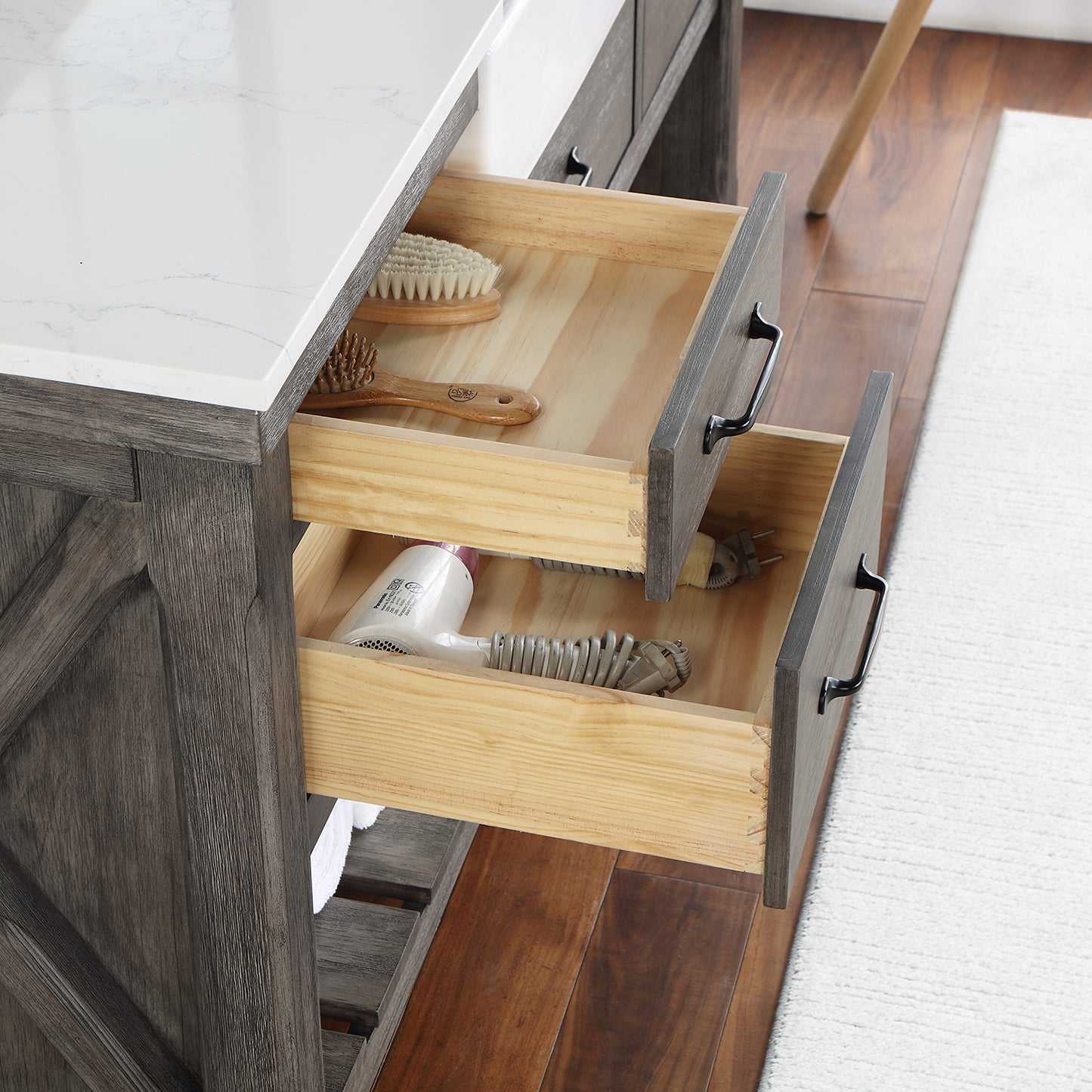 Vinnova, Villareal 60" Single Bath Vanity in Classical Grey with Composite Stone Top in White, White Farmhouse Basin and Mirror