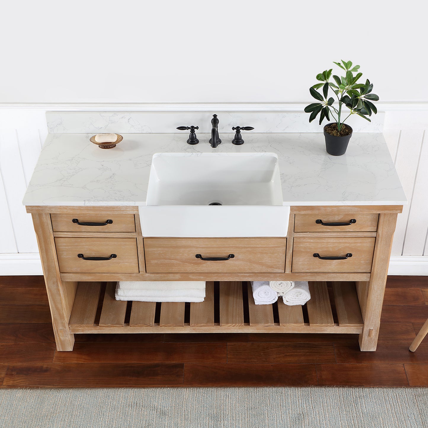 Vinnova, Villareal 60" Single Bath Vanity in Weathered Pine with Composite Stone Top in White, White Farmhouse Basin