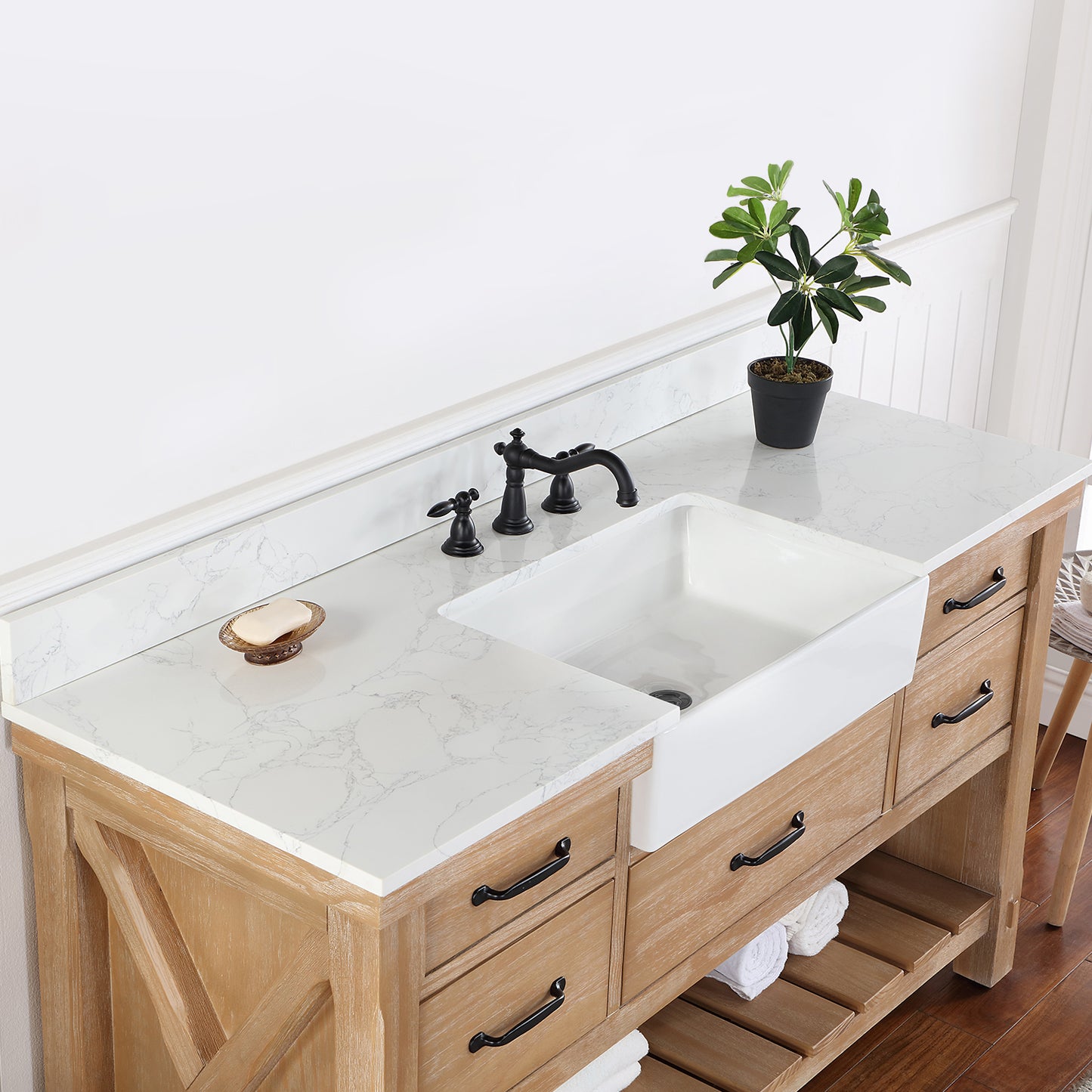 Vinnova, Villareal 60" Single Bath Vanity in Weathered Pine with Composite Stone Top in White, White Farmhouse Basin