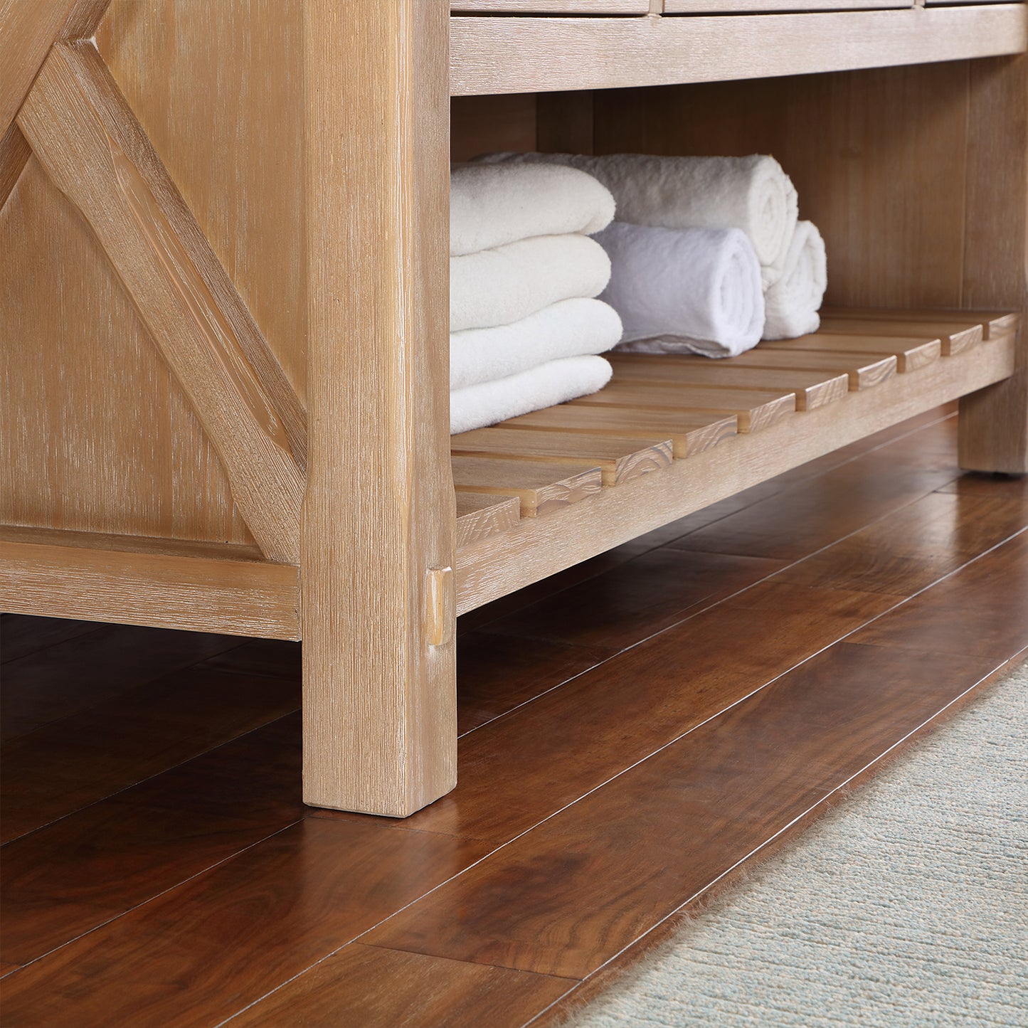 Vinnova, Villareal 60" Single Bath Vanity in Weathered Pine with Composite Stone Top in White, White Farmhouse Basin and Mirror