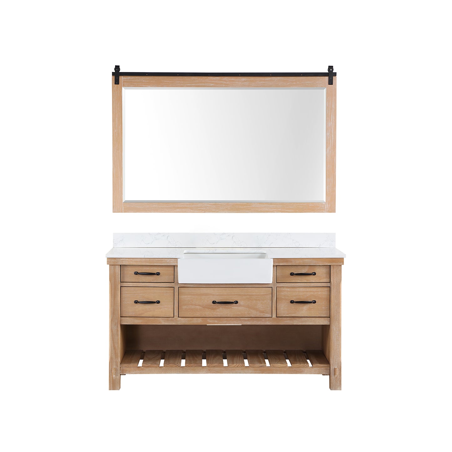 Vinnova, Villareal 60" Single Bath Vanity in Weathered Pine with Composite Stone Top in White, White Farmhouse Basin and Mirror