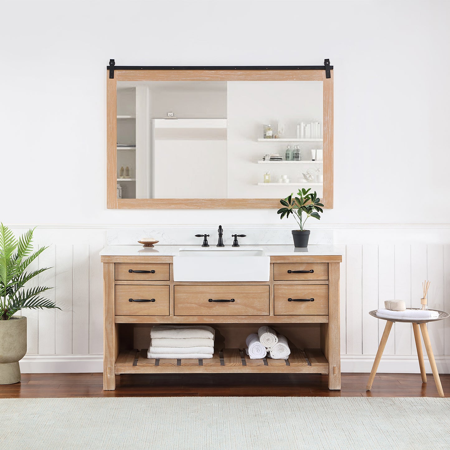 Vinnova, Villareal 60" Single Bath Vanity in Weathered Pine with Composite Stone Top in White, White Farmhouse Basin and Mirror