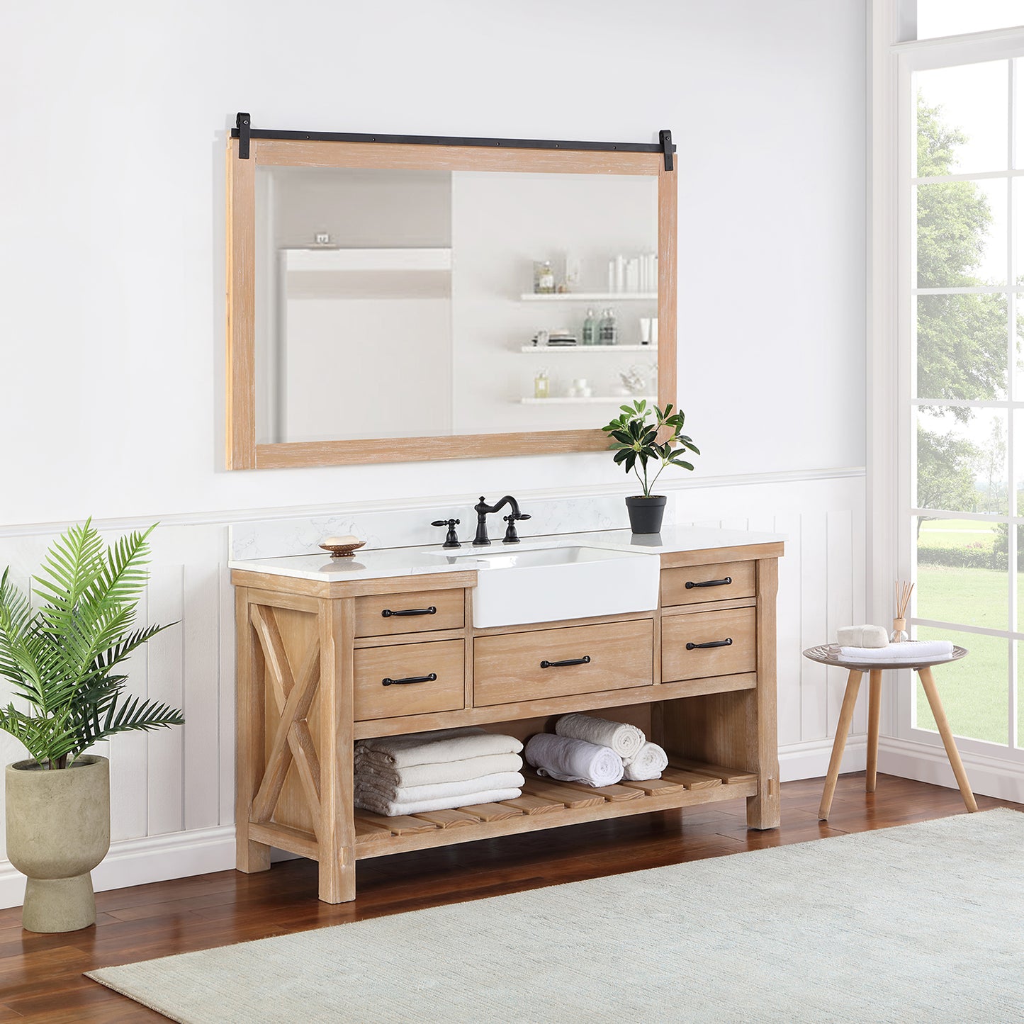 Vinnova, Villareal 60" Single Bath Vanity in Weathered Pine with Composite Stone Top in White, White Farmhouse Basin and Mirror