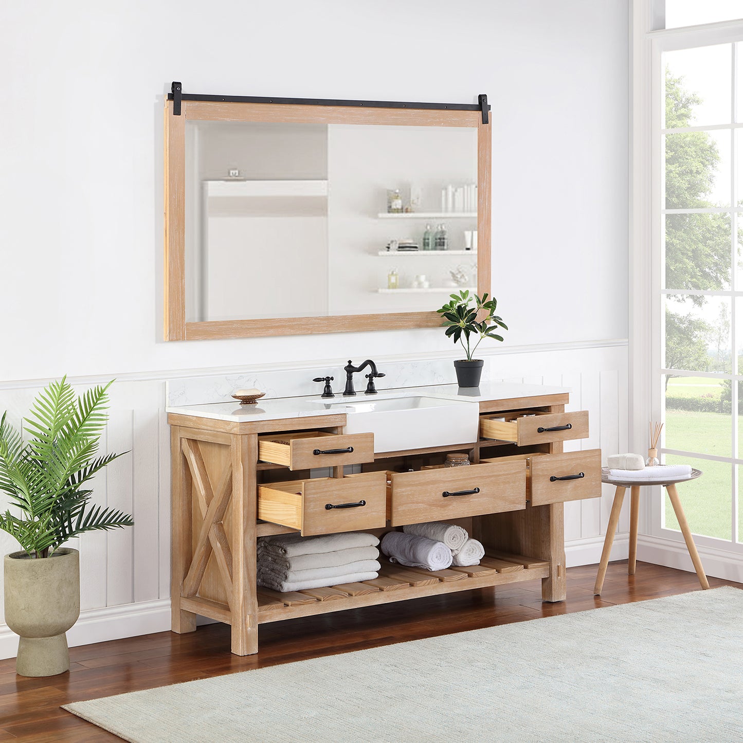 Vinnova, Villareal 60" Single Bath Vanity in Weathered Pine with Composite Stone Top in White, White Farmhouse Basin and Mirror