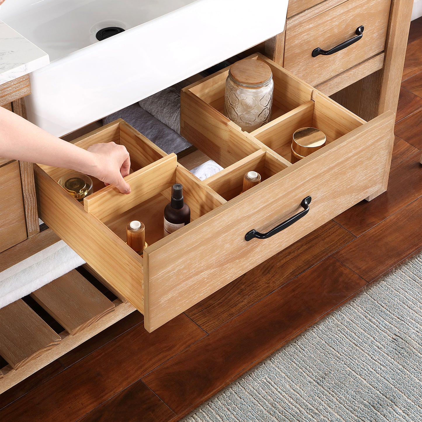 Vinnova, Villareal 60" Single Bath Vanity in Weathered Pine with Composite Stone Top in White, White Farmhouse Basin and Mirror