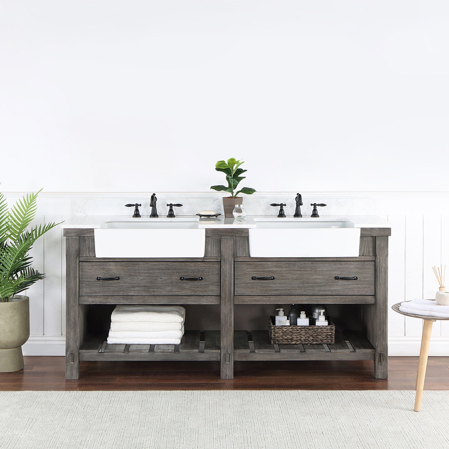 Vinnova, Villareal 72" Double Bath Vanity in Classical Grey with Composite Stone Top in White, White Farmhouse Basin