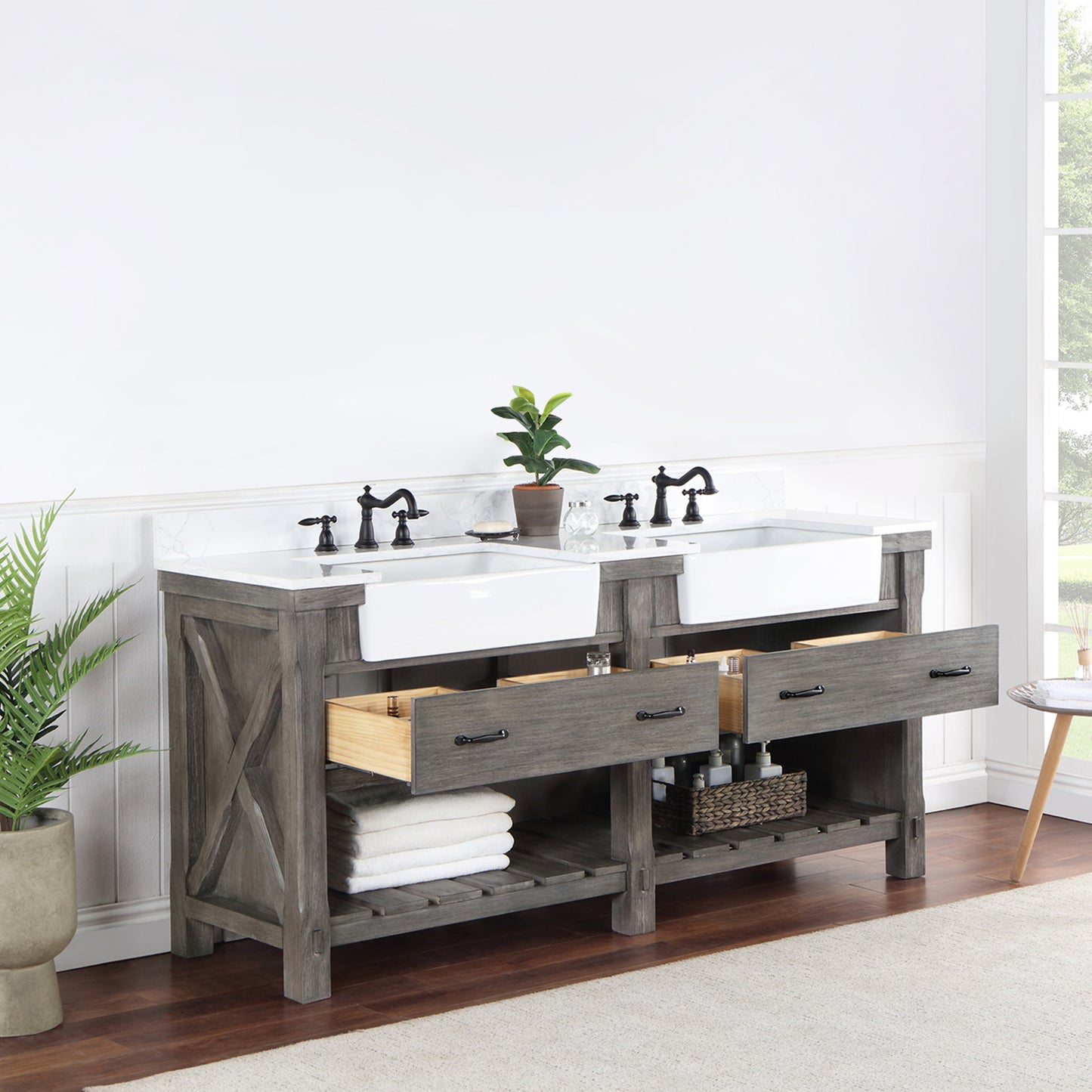 Vinnova, Villareal 72" Double Bath Vanity in Classical Grey with Composite Stone Top in White, White Farmhouse Basin