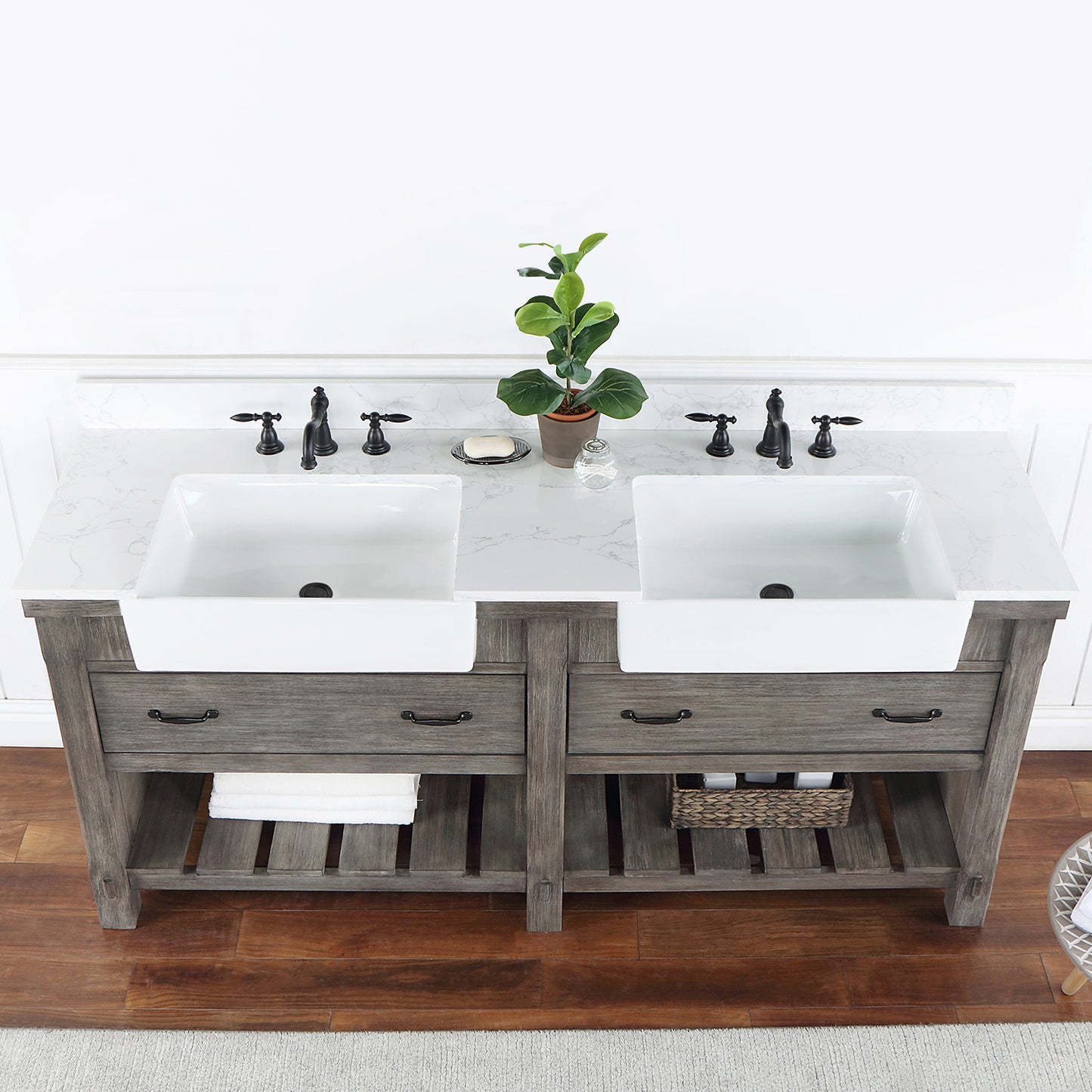 Vinnova, Villareal 72" Double Bath Vanity in Classical Grey with Composite Stone Top in White, White Farmhouse Basin