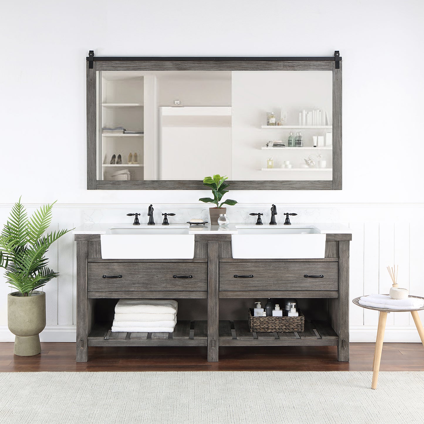 Vinnova, Villareal 72" Double Bath Vanity in Classical Grey with Composite Stone Top in White, White Farmhouse Basin and Mirror