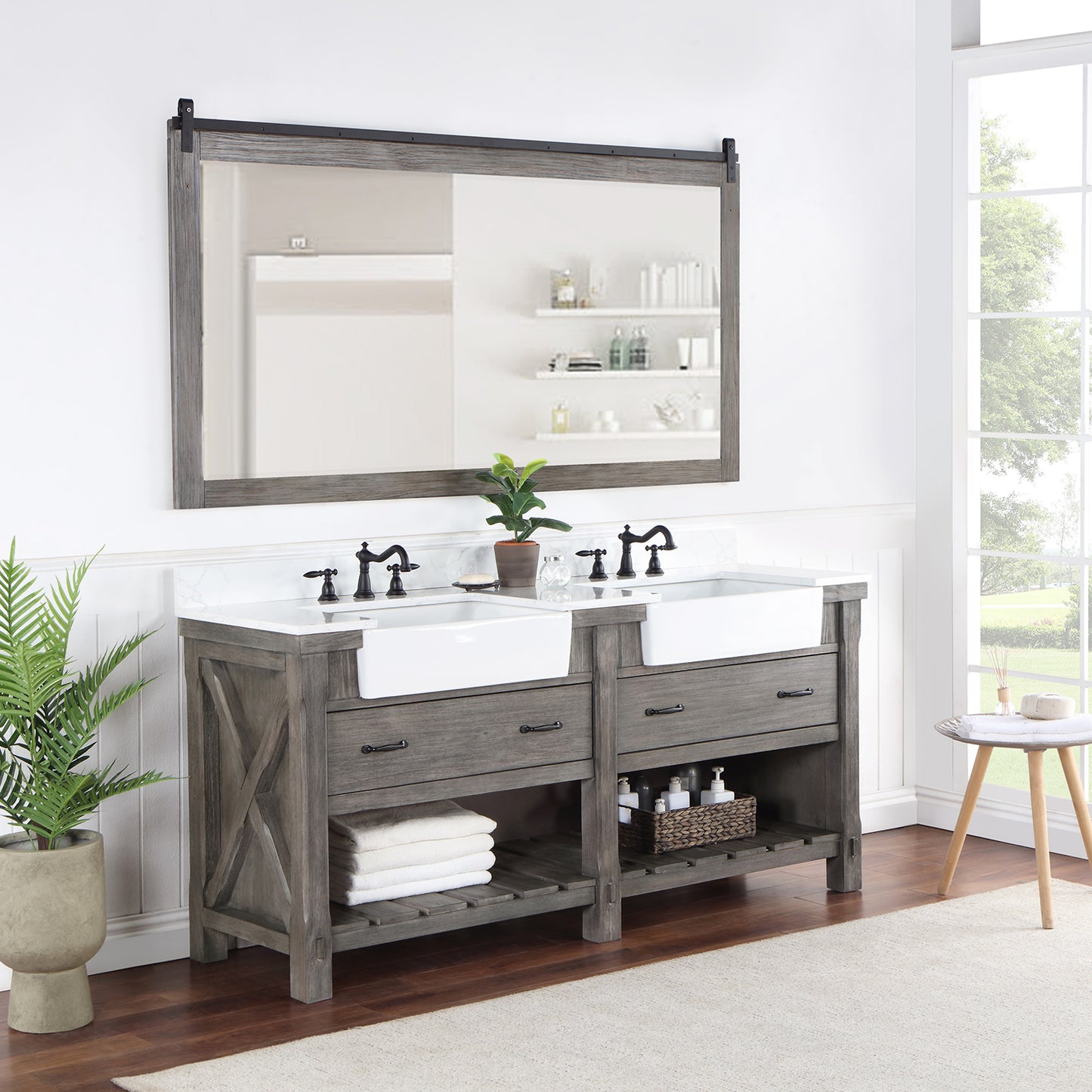 Vinnova, Villareal 72" Double Bath Vanity in Classical Grey with Composite Stone Top in White, White Farmhouse Basin and Mirror