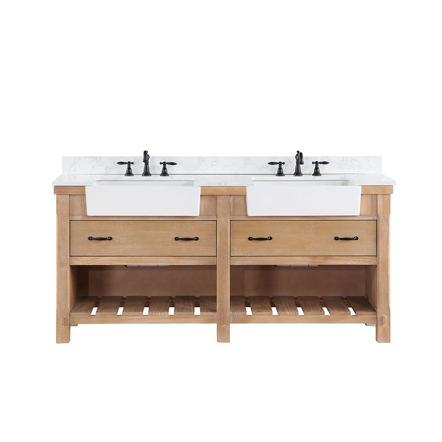 Vinnova, Villareal 72" Double Bath Vanity in Weathered Pine with Composite Stone Top in White, White Farmhouse Basin