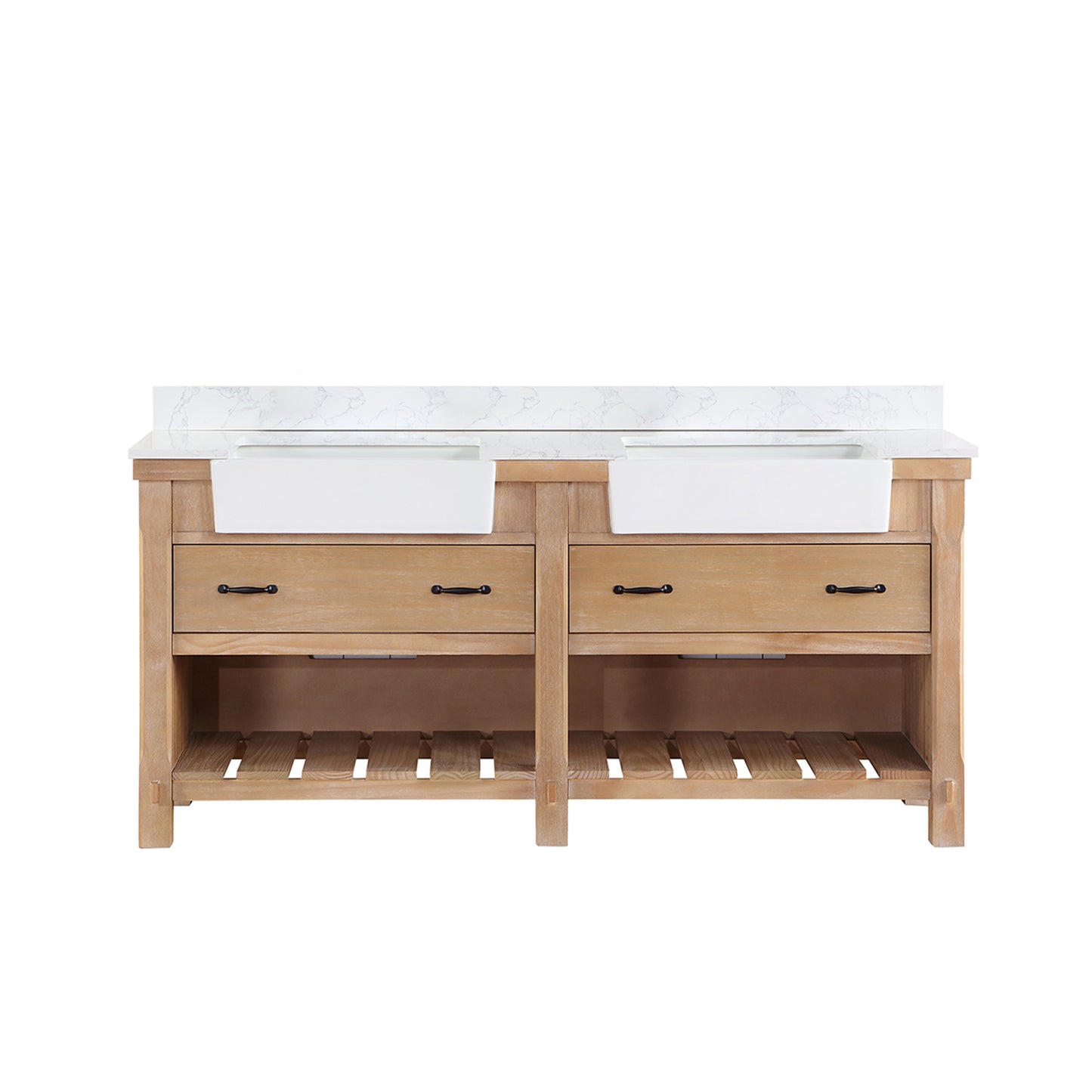 Vinnova, Villareal 72" Double Bath Vanity in Weathered Pine with Composite Stone Top in White, White Farmhouse Basin