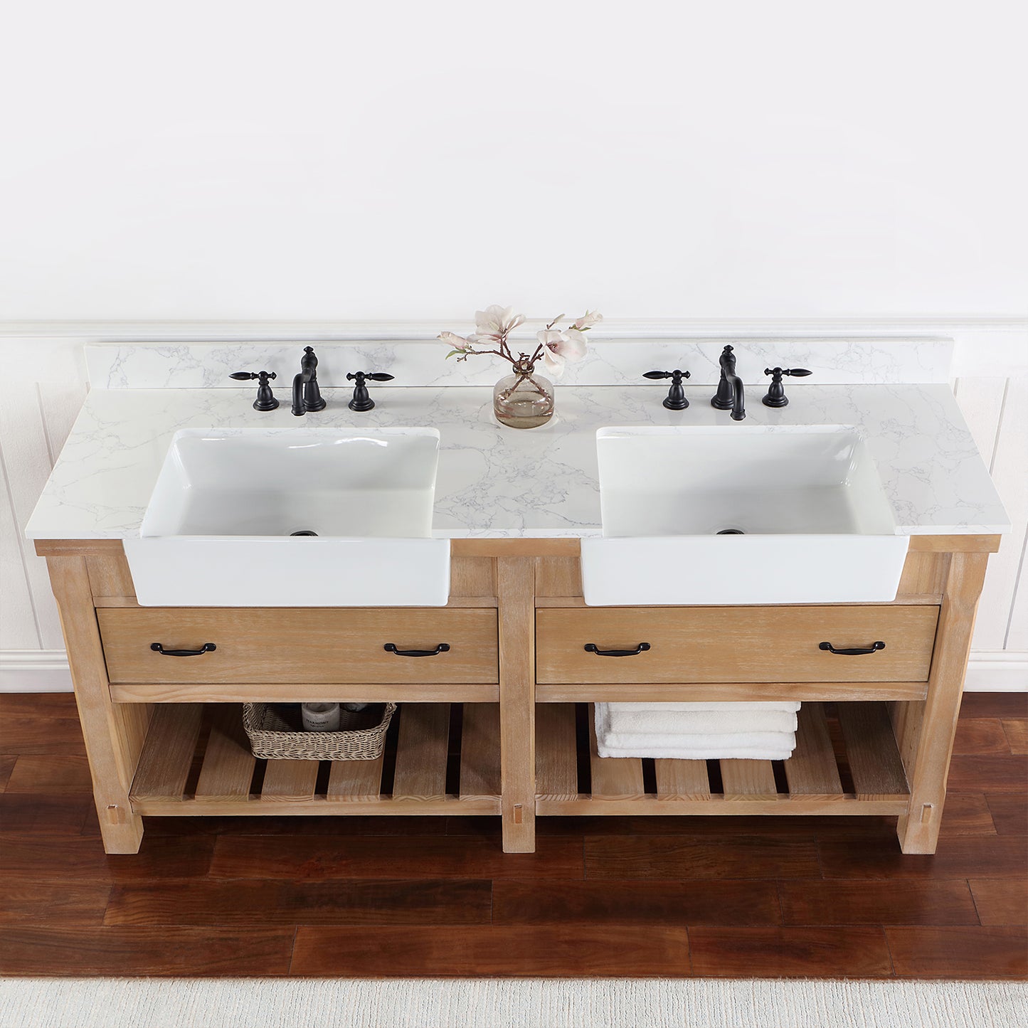 Vinnova, Villareal 72" Double Bath Vanity in Weathered Pine with Composite Stone Top in White, White Farmhouse Basin