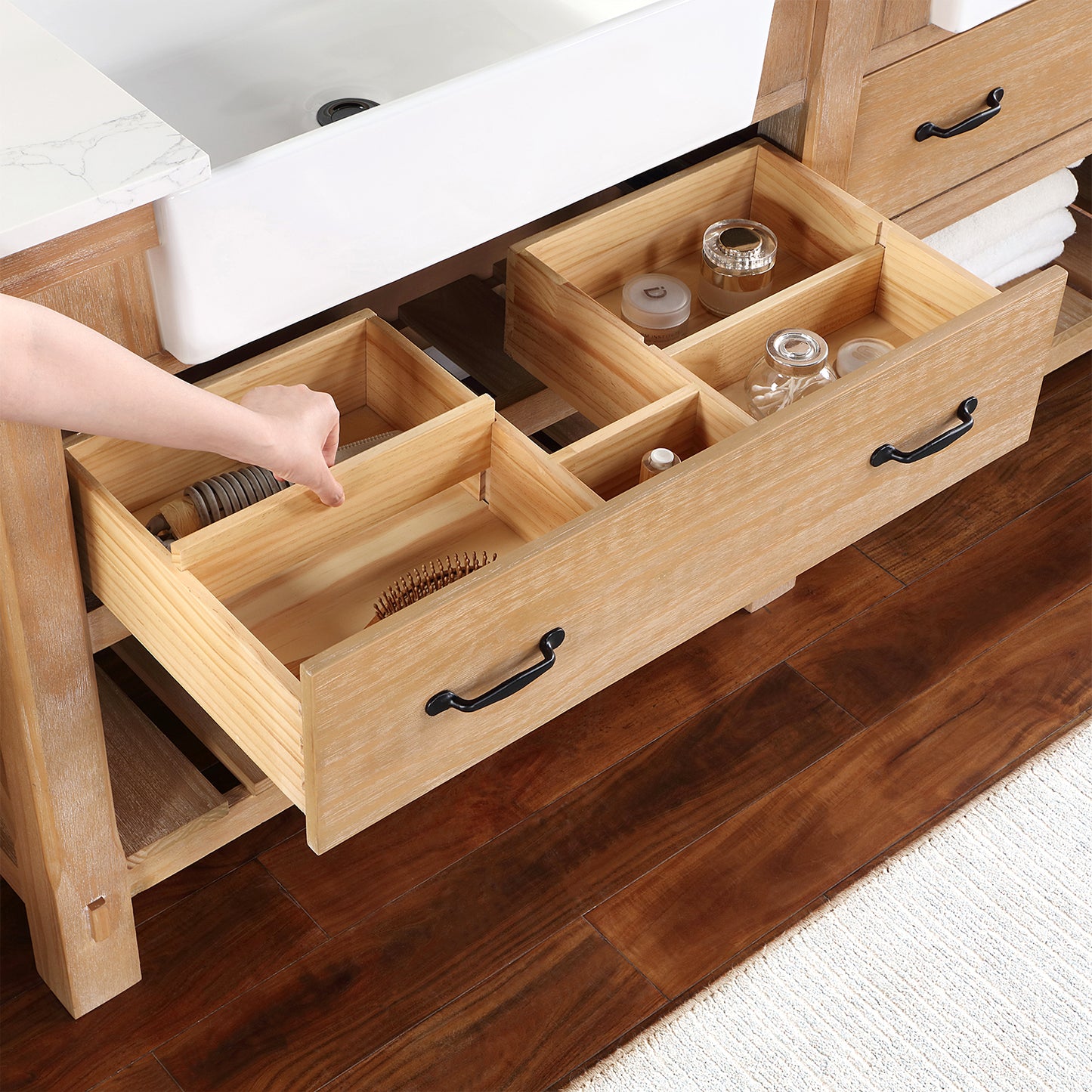 Vinnova, Villareal 72" Double Bath Vanity in Weathered Pine with Composite Stone Top in White, White Farmhouse Basin