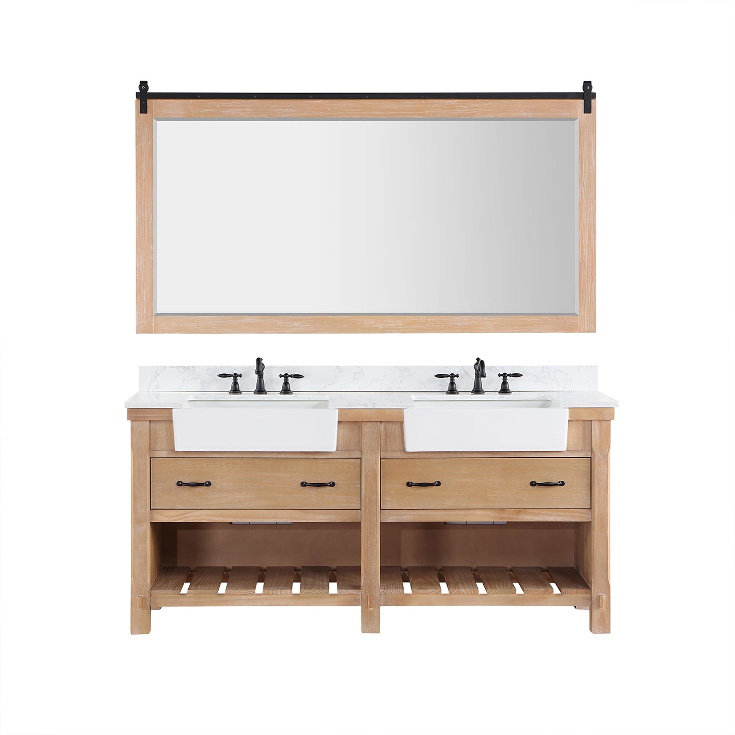 Vinnova, Villareal 72" Double Bath Vanity in Weathered Pine with Composite Stone Top in White, White Farmhouse Basin and Mirror